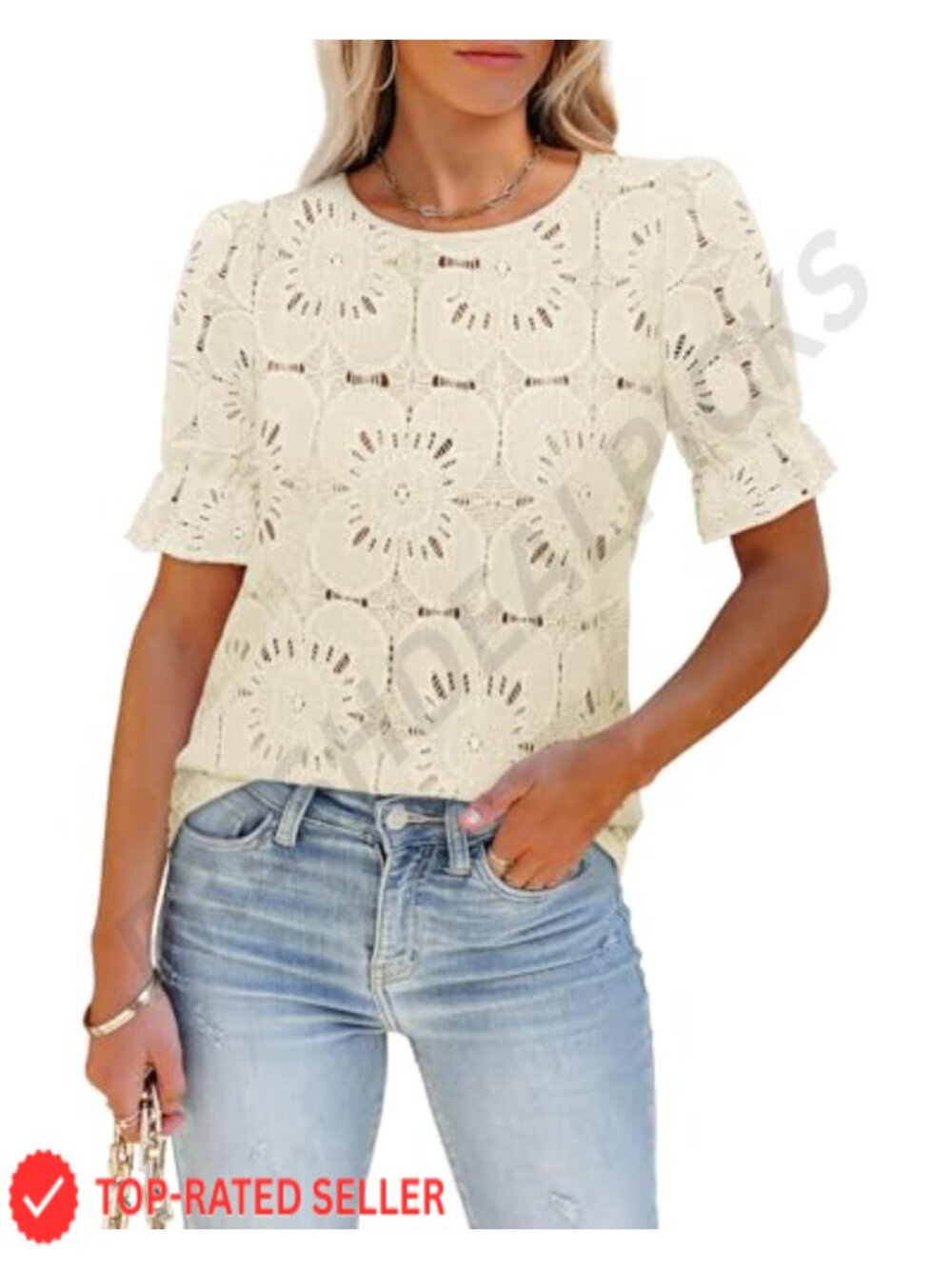 Women's Eyelet Blouse Puff Short Sleeve Crochet Lace Embroidered Top